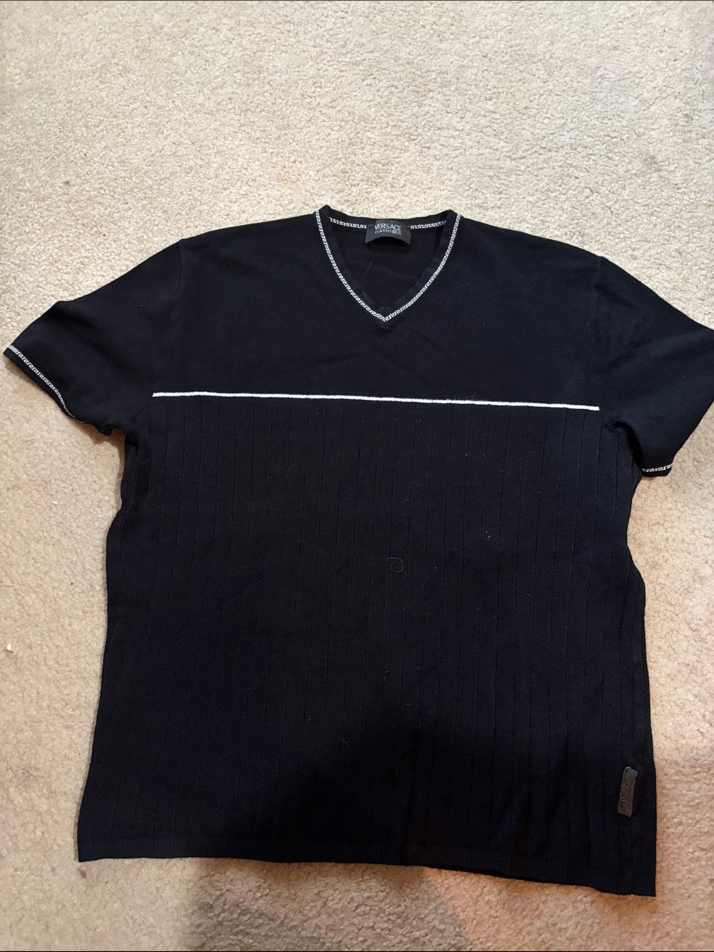 Versace Black V-Neck Short Sleeve Sweater with White Trim